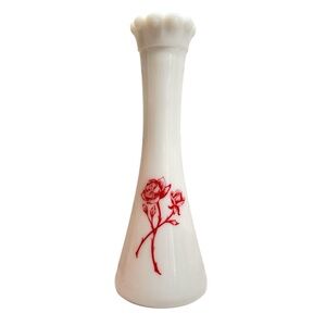 Vintage Milk Glass Flower Bud Vase White With Red Rose Scalloped Edge Top